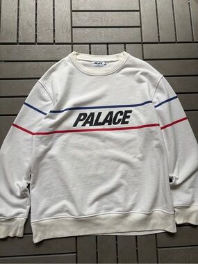 PALACE White Crewneck Sweatshirt with Red & Blue Stripes